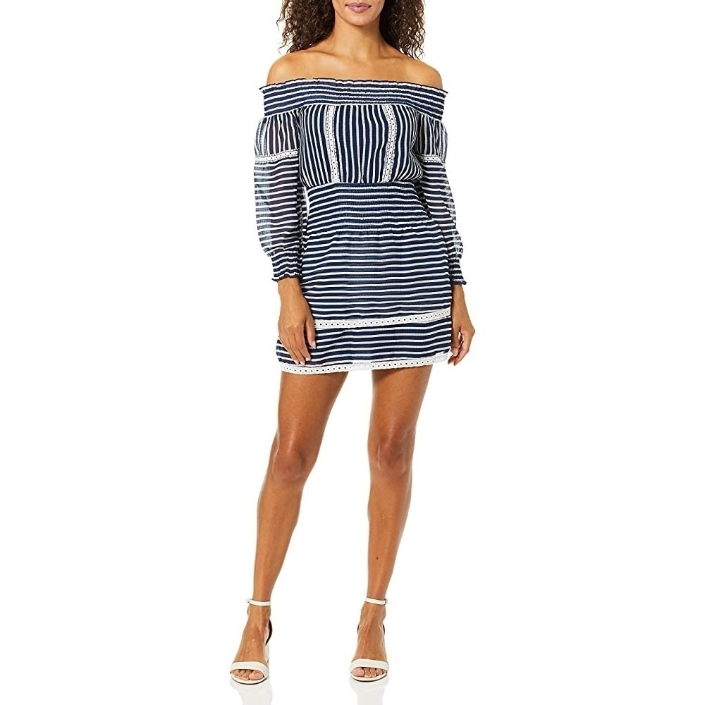 Parker Cosmic Blue White Stripe Carah Off The Shoulder Long Sleeve Dress EUC S